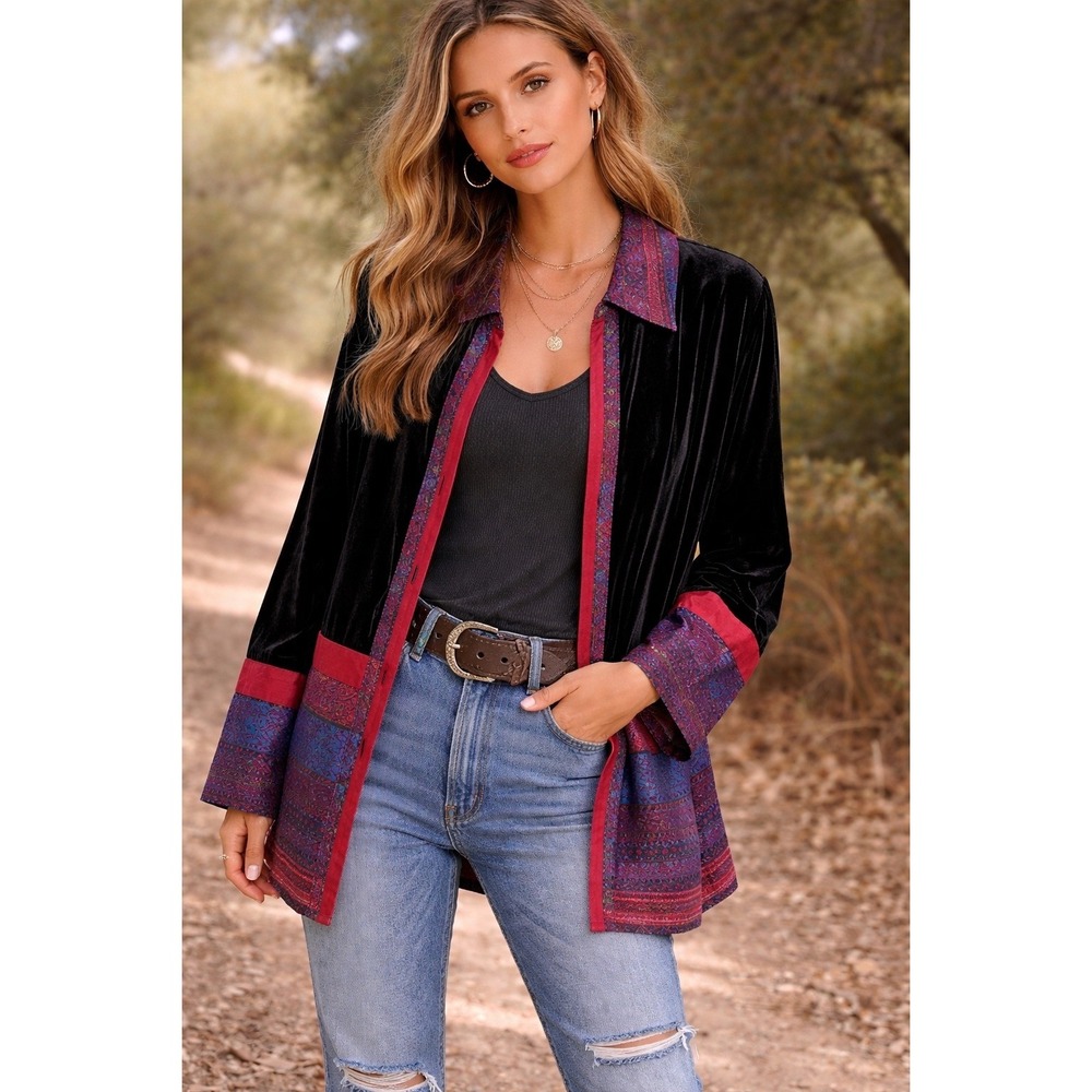 Coldwater Creek Women L Black Velvet Ribbon Zip Artsy Boho Eclectic Rich Jacket